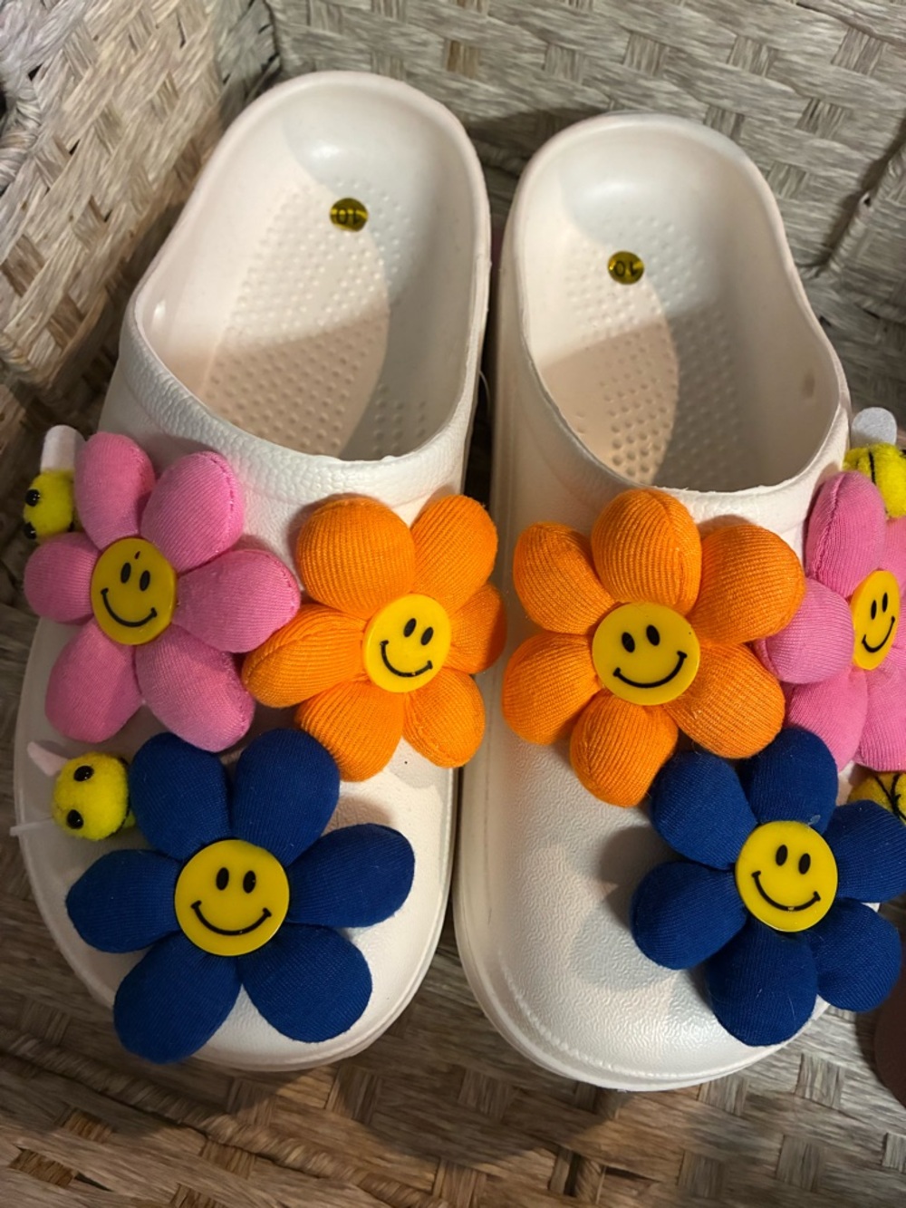 Womens White Clog Sandals with Colorful Flower detail